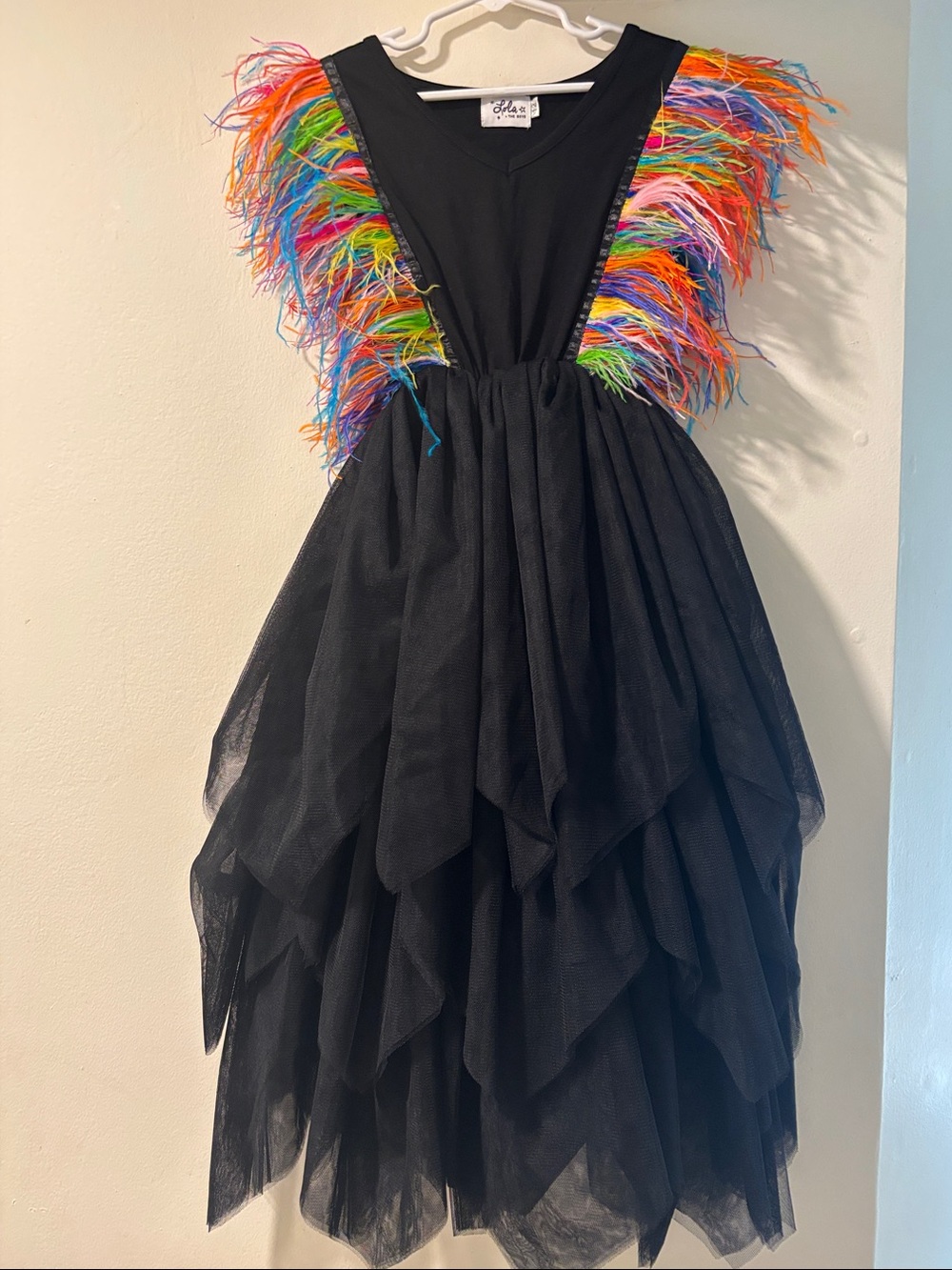 Lola + The Boys Black Tulle Dress with Rainbow Feather Trim size 12